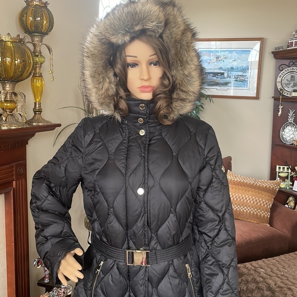 Brand New Michael Kors Black Down Alternative Zippered Faux Fur Hooded Belt Coat - Picture 4 of 16